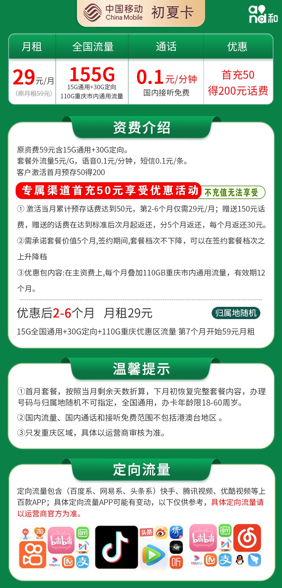 移动初夏卡29元155G【只发重庆，前5个月29】插图1